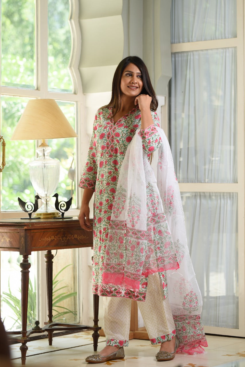 shop stitched block print cotton suit set with kota doria dupatta (CSS17KD)