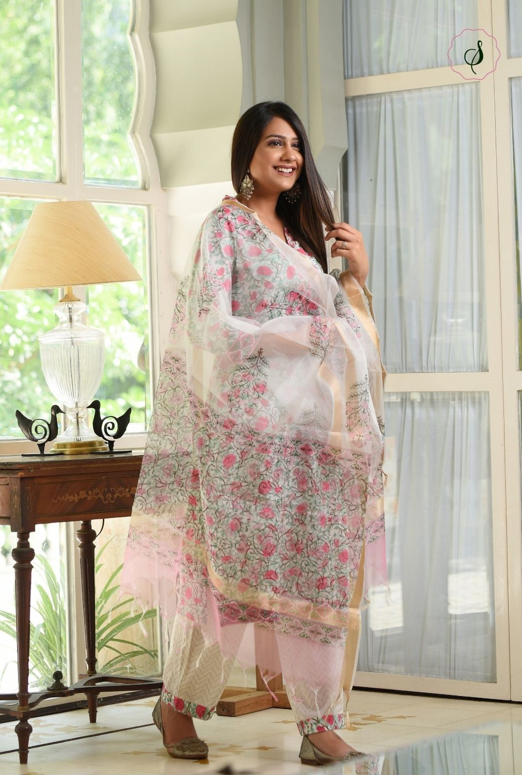 shop stitched block print cotton suit set with kota doria dupatta