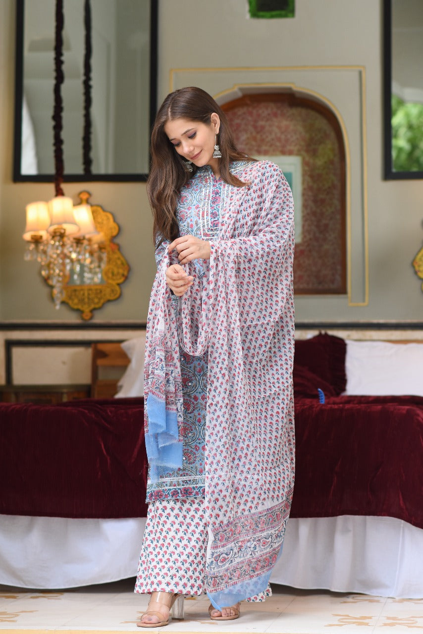 shop stitched cotton suit sets with chiffon dupatta online (CSS22CH)