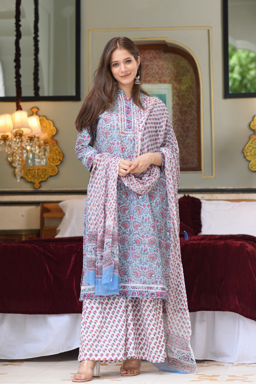 shop stitched cotton suit sets with chiffon dupatta online (CSS22CH)