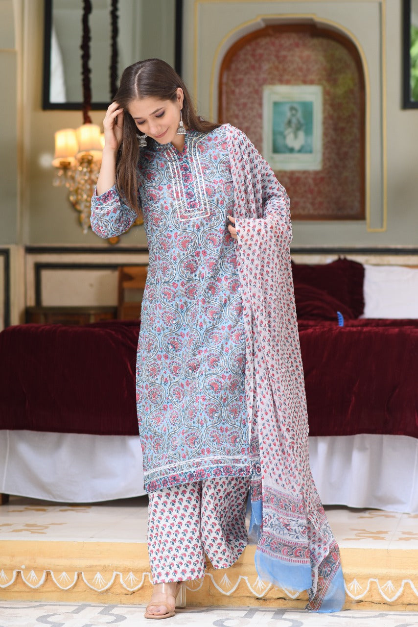 shop stitched cotton suit sets with chiffon dupatta online (CSS22CH)