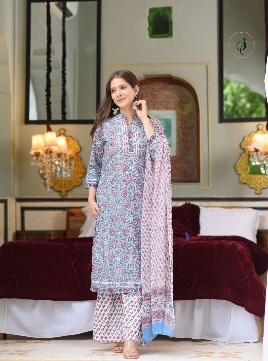 shop stitched cotton suit sets with chiffon dupatta online (CSS22CH)