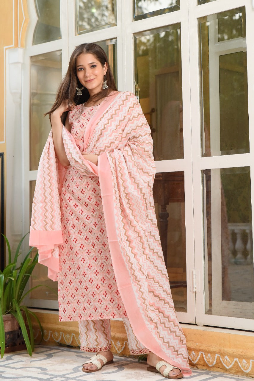 shop stitched hand block print suit sets with mulmul dupatta (CSS27MUL)