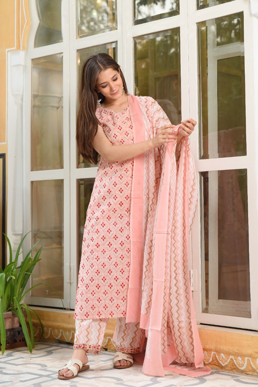 shop stitched hand block print suit sets with mulmul dupatta (CSS27MUL)