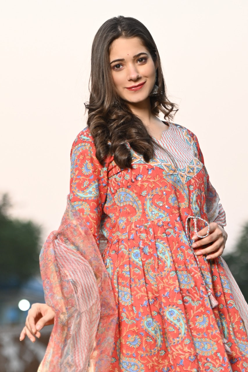 Shop cotton suit set with organza dupatta in jaipur (CSS29ORG)