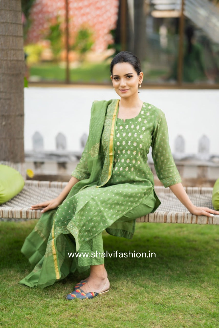 Shop hand work block printed chanderi silk suit sets online (CSS60)