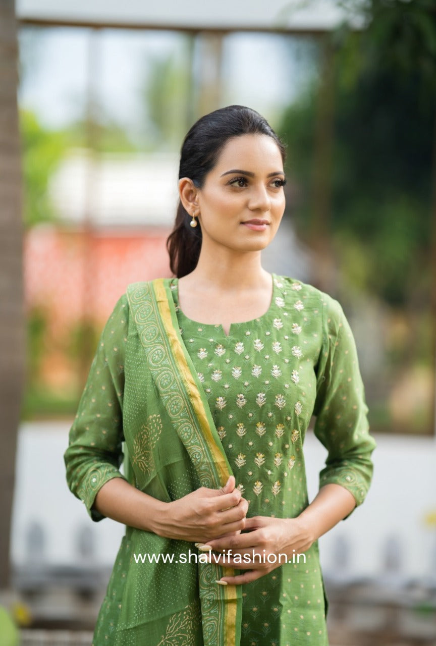 Shop hand work block printed chanderi silk suit sets online (CSS60)