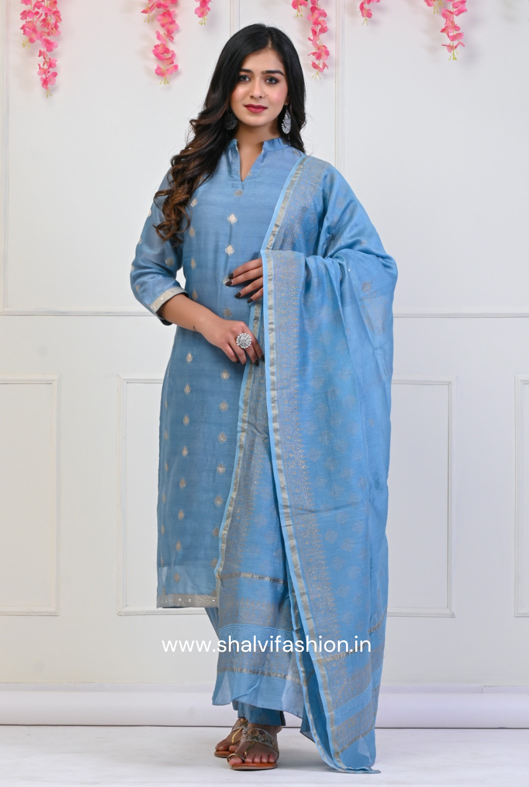 Shop chanderi jacquard suit set with chaderi silk dupatta online (CSS66)