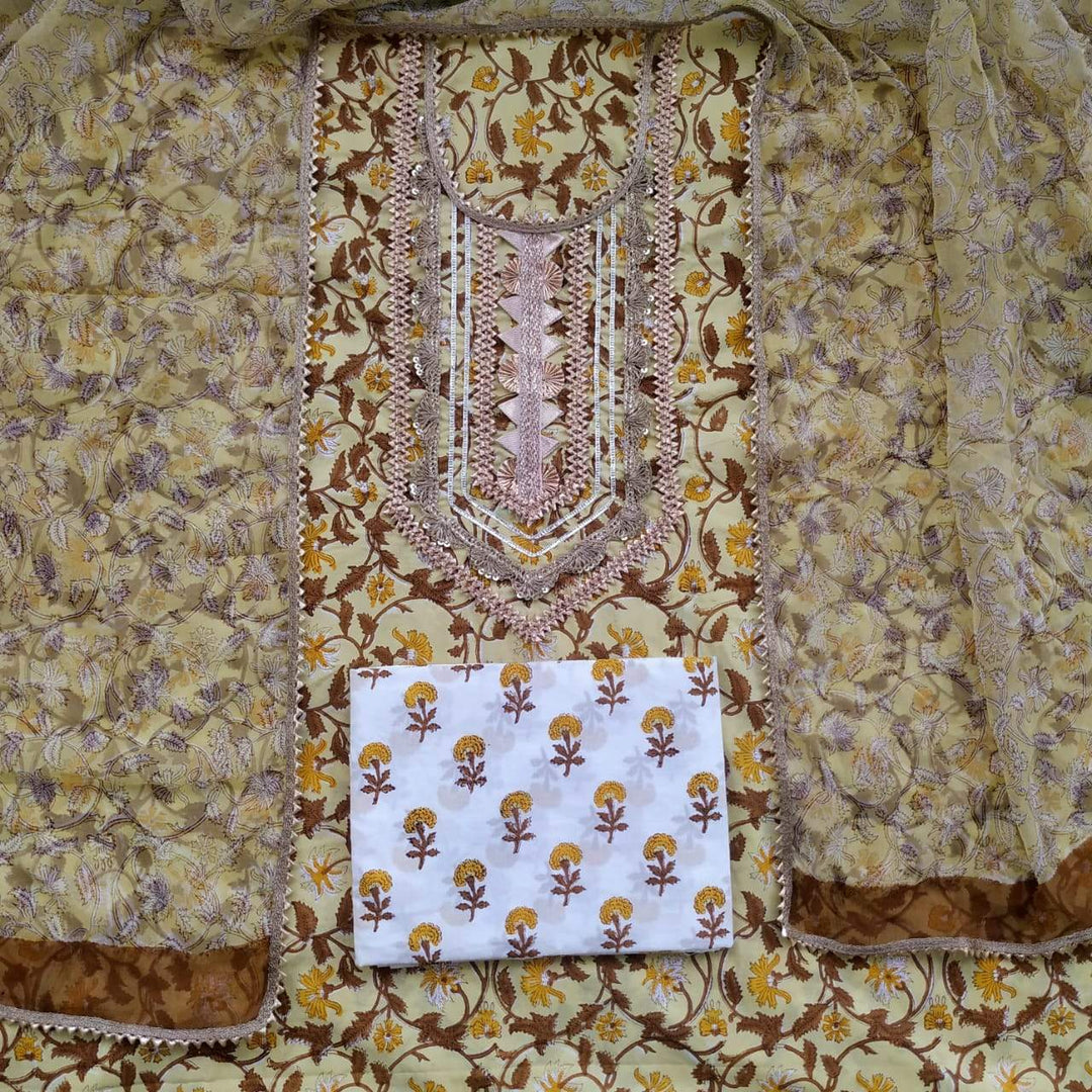 Festive Season Hand Block Floral Jaal Print Gota Collection with Classy Mulmul Dupatta (GOTA142)