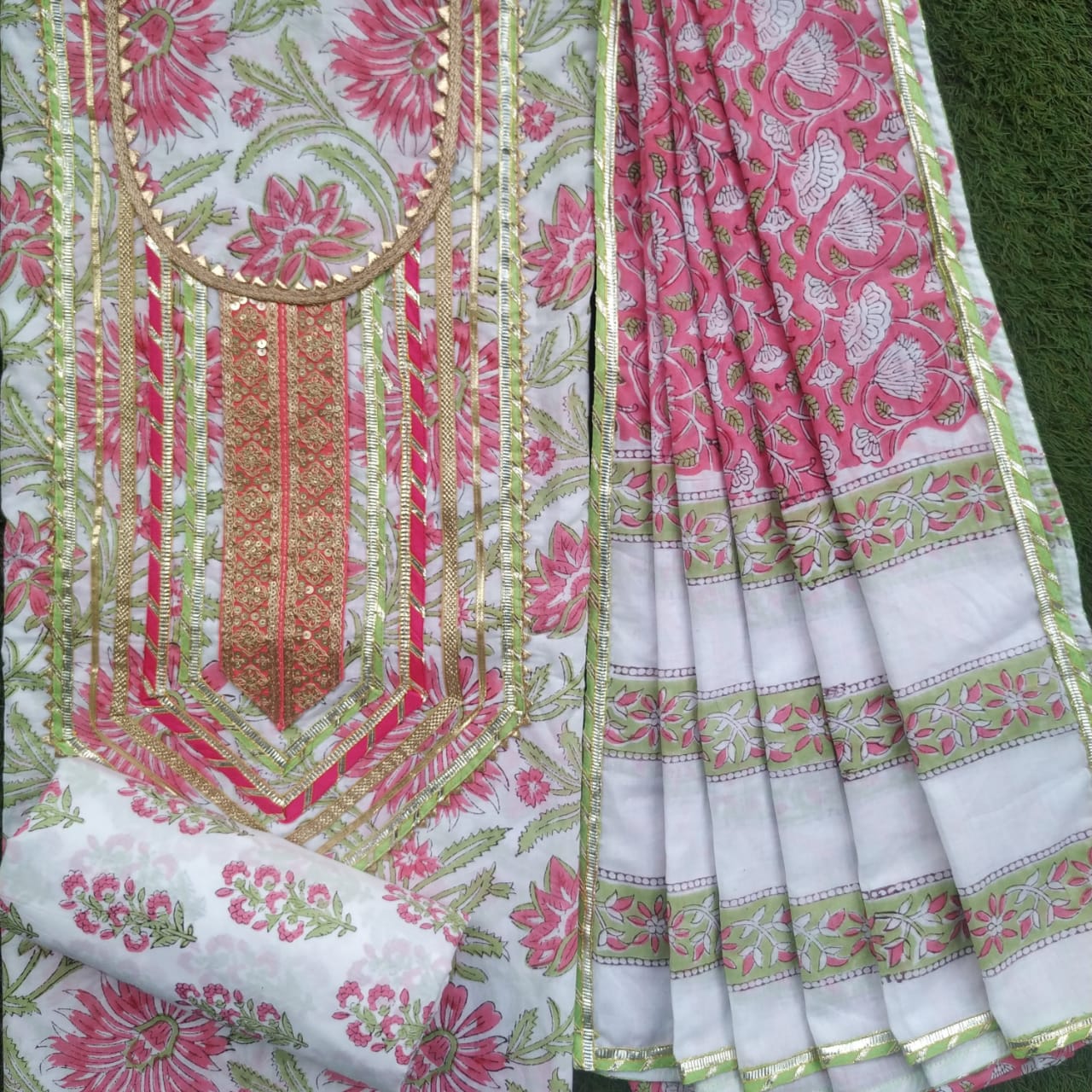 shop unstitched gota work suits with mulmul dupatta