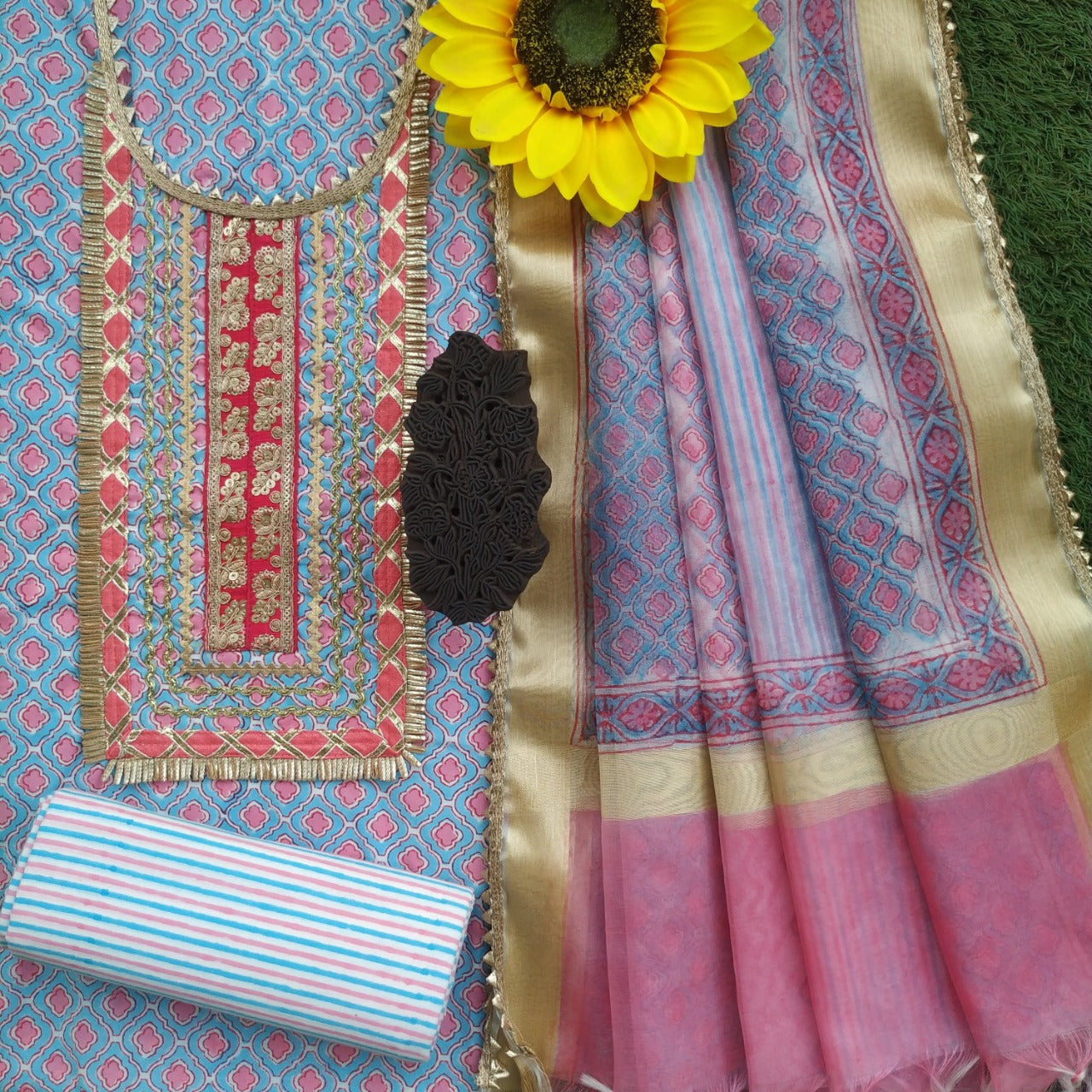 shop gota work cotton suit with organza dupatta
