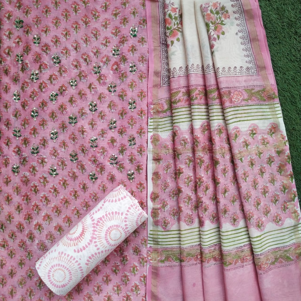 Shop hand work chanderi suit set (GOTA261)
