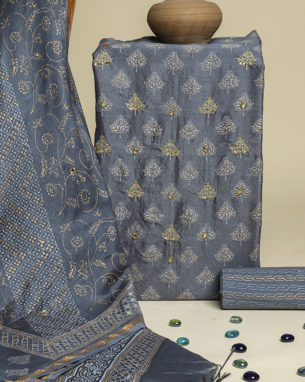 Shop zardozi work chanderi silk suit set (GOTA264)