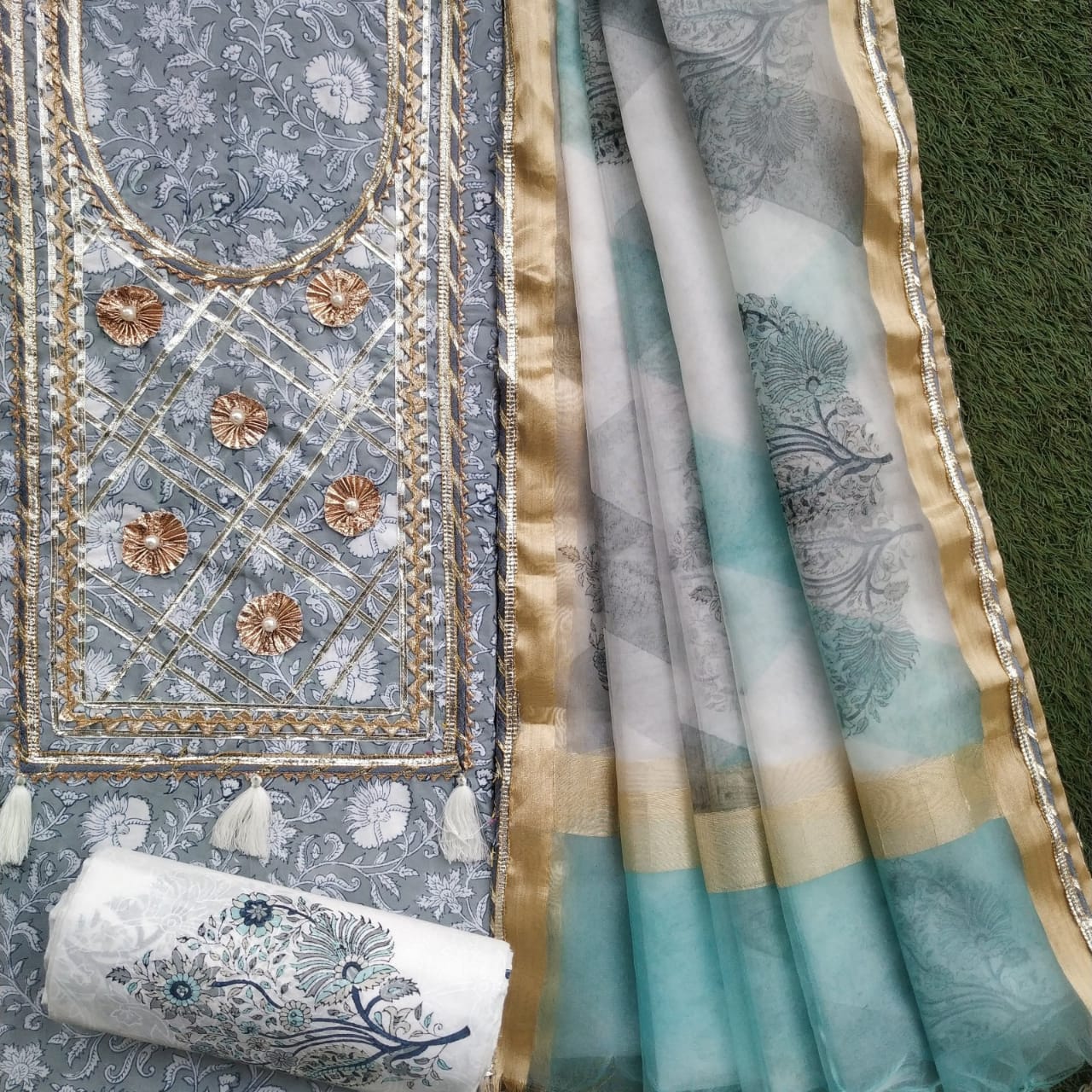 Shop gota work suits online with organza dupatta (GOTA271)