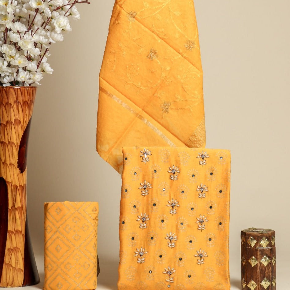 Shop unstitched hand work chanderi silk suits (GOTA313)