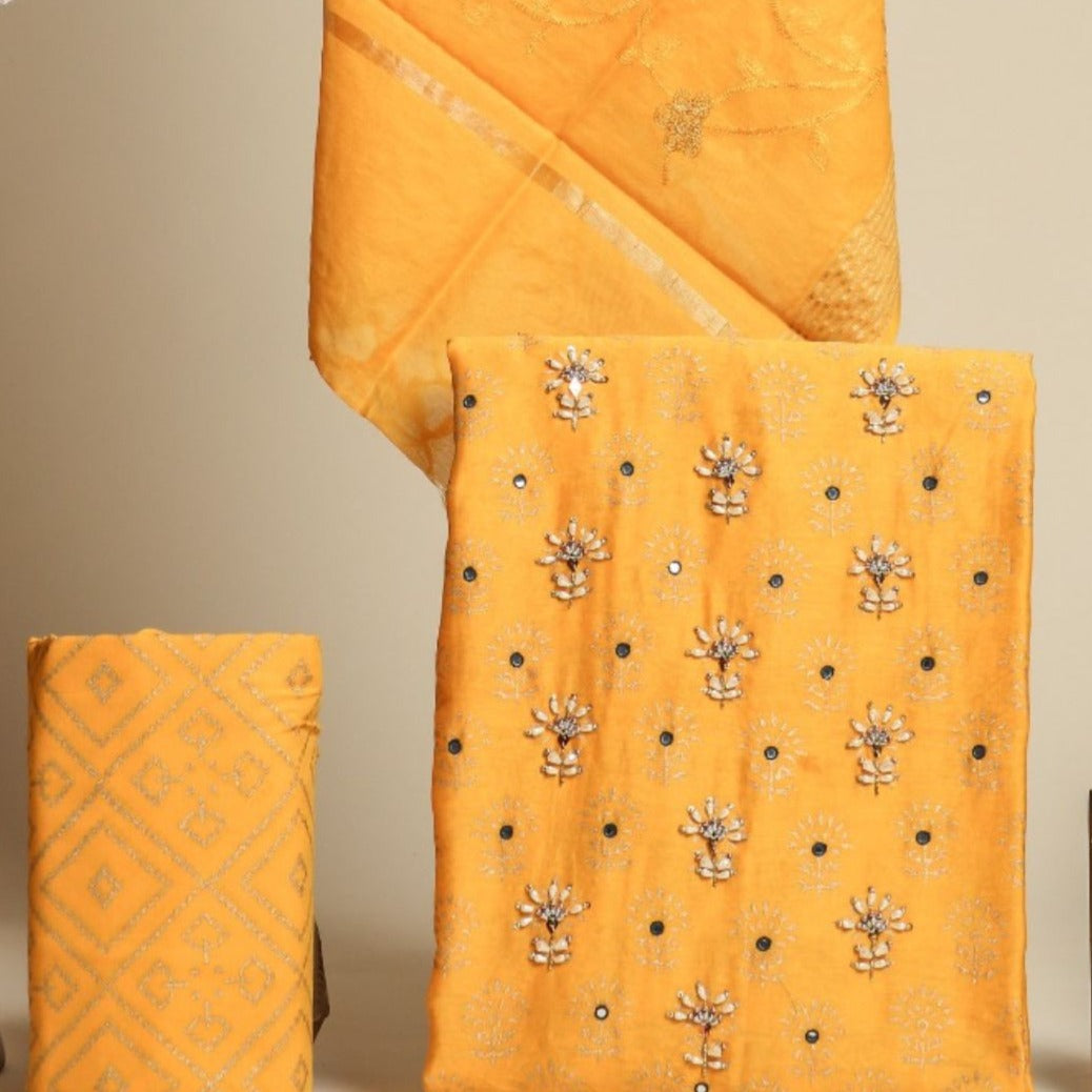 Shop unstitched hand work chanderi silk suits (GOTA313)