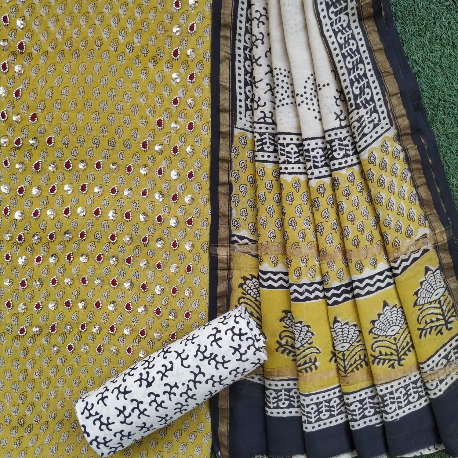 Shop unstitched anchor thread work chanderi silk suit sets online (GOTA335)