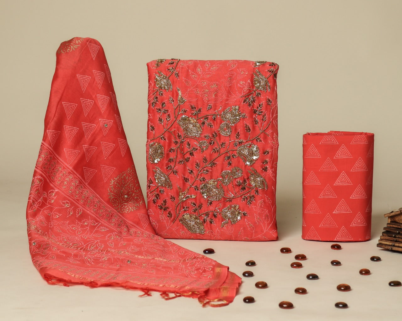 Shop unstitched hand work chanderi silk suit sets in jaipur (GOTA338)