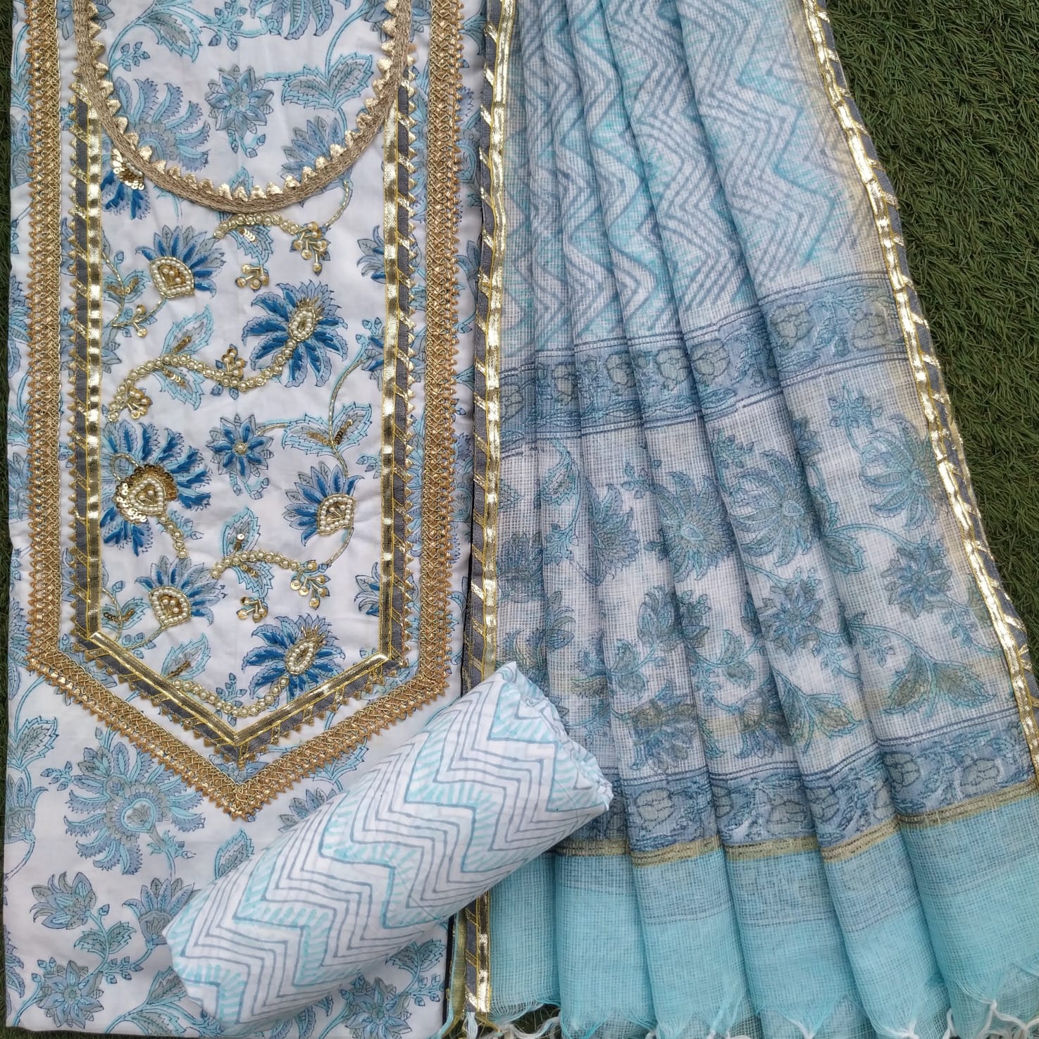 Shop unstitched hand work suit sets with kota doria dupatta online (GOTA345KD)