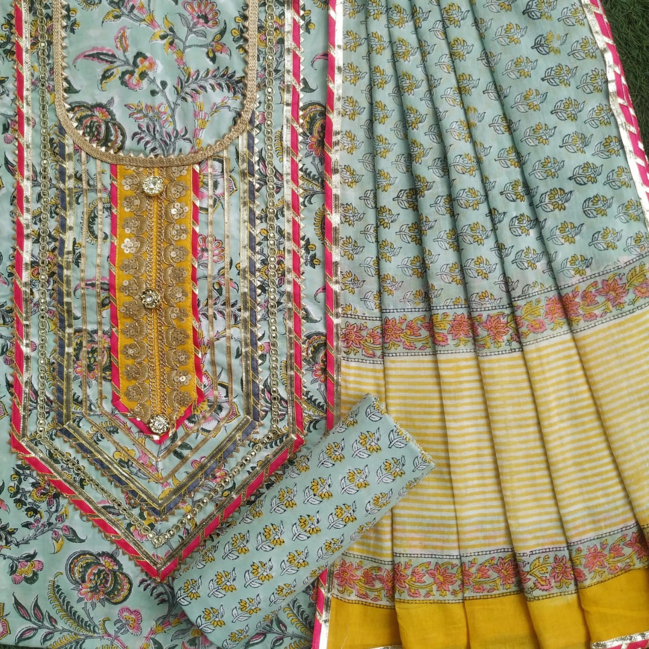 Shop unstitched gota work suit sets with mulmul dupatta (GOTA358MUL)