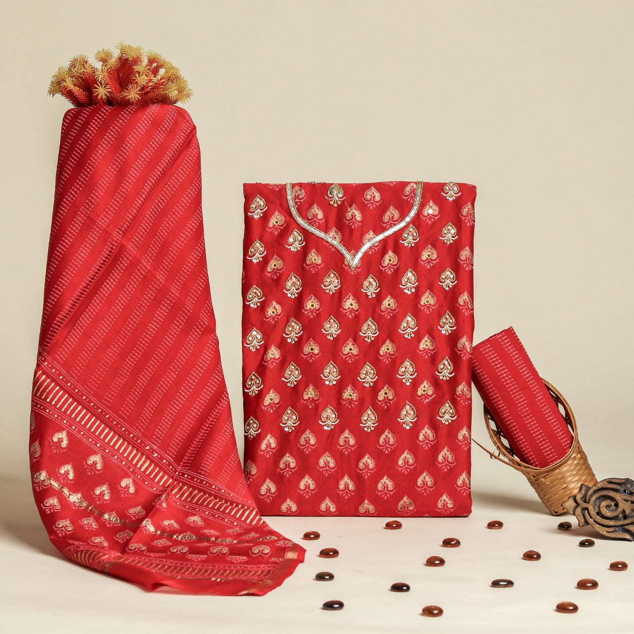 Shop unstitched hand work chanderi suit sets online (GOTA368)