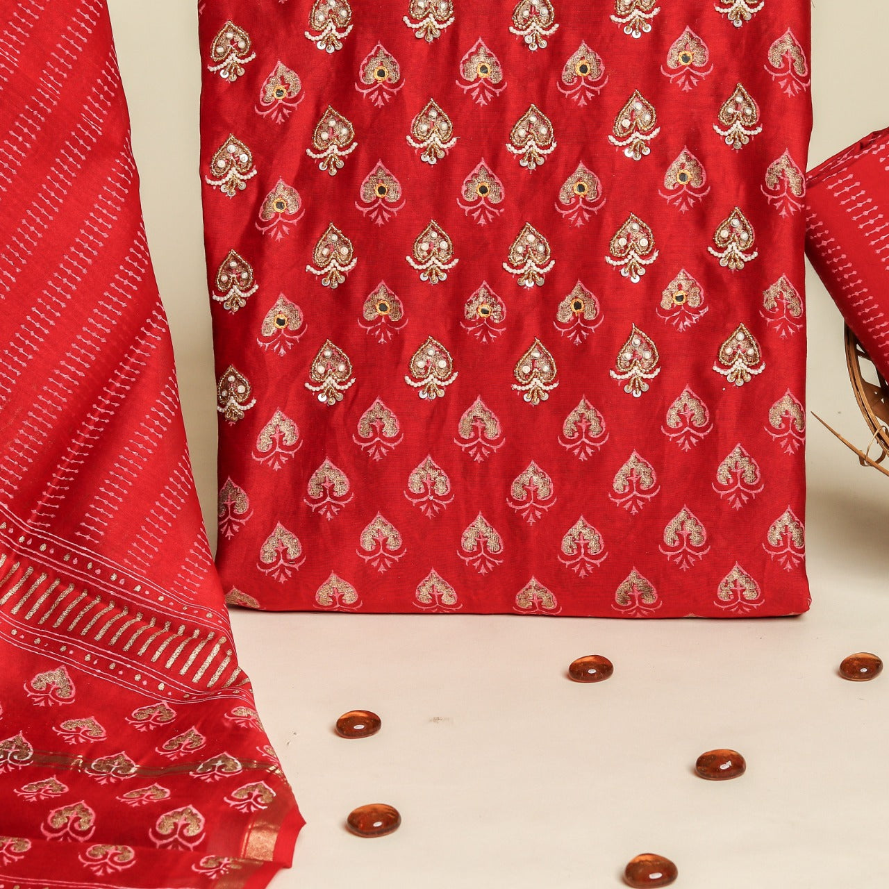 Shop unstitched hand work chanderi suit sets online (GOTA368)