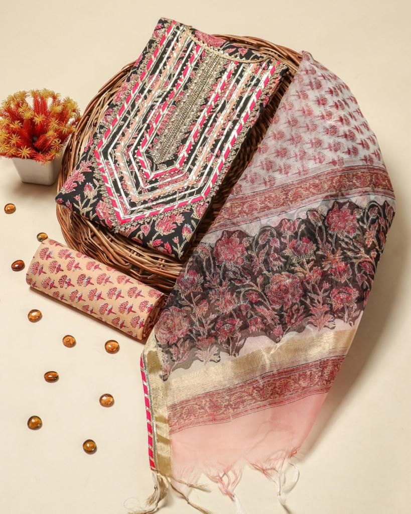 Shop hand block print gota work suit set with organza dupatta (GOTA414ORG)