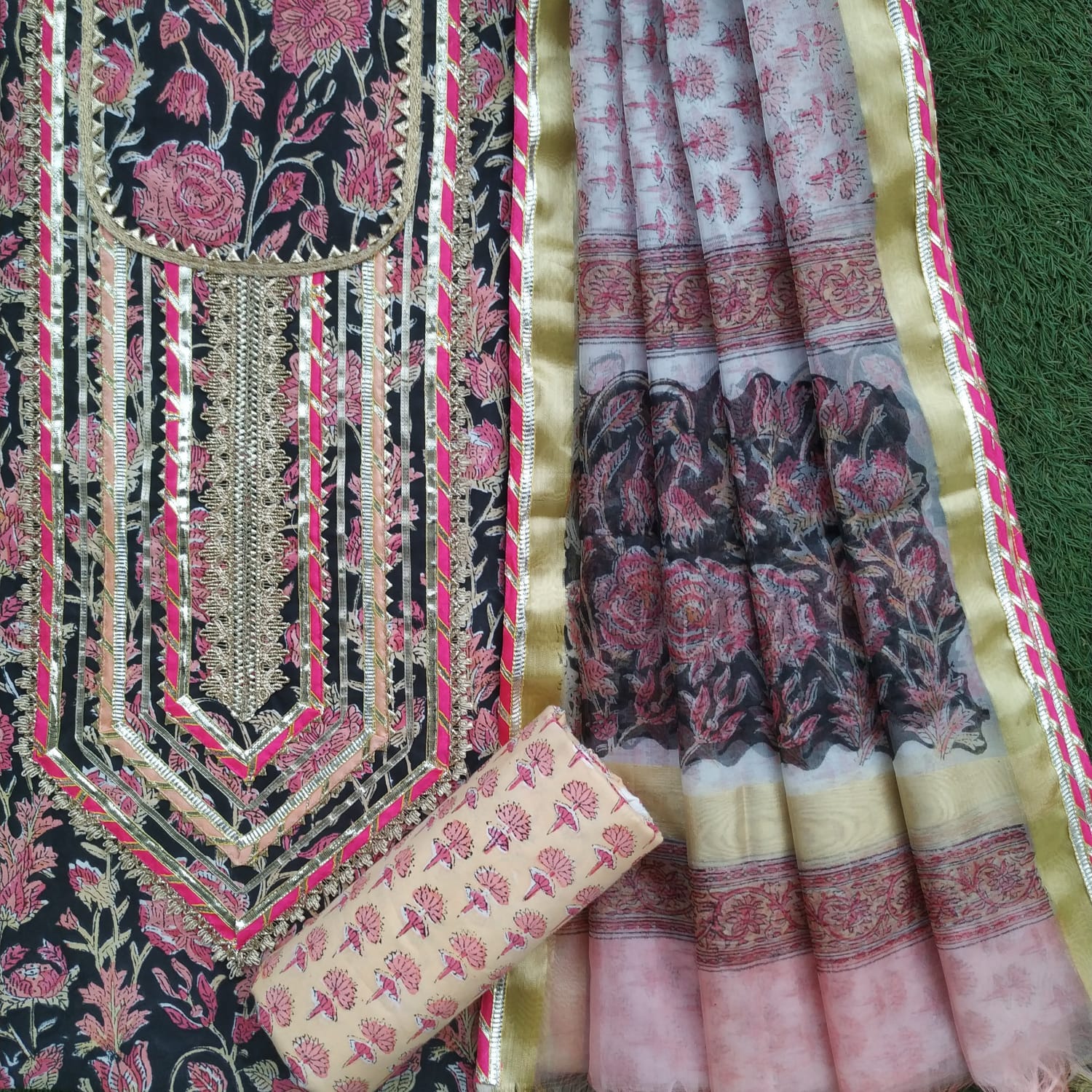 Shop hand block print gota work suit set with organza dupatta (GOTA414ORG)