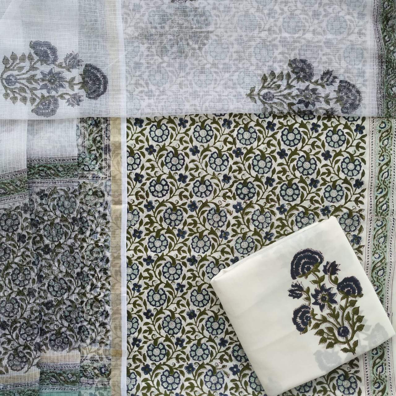 Designer Hand Block Print Cotton Suit Material with Kota Doria Dupatta (3CKD248)