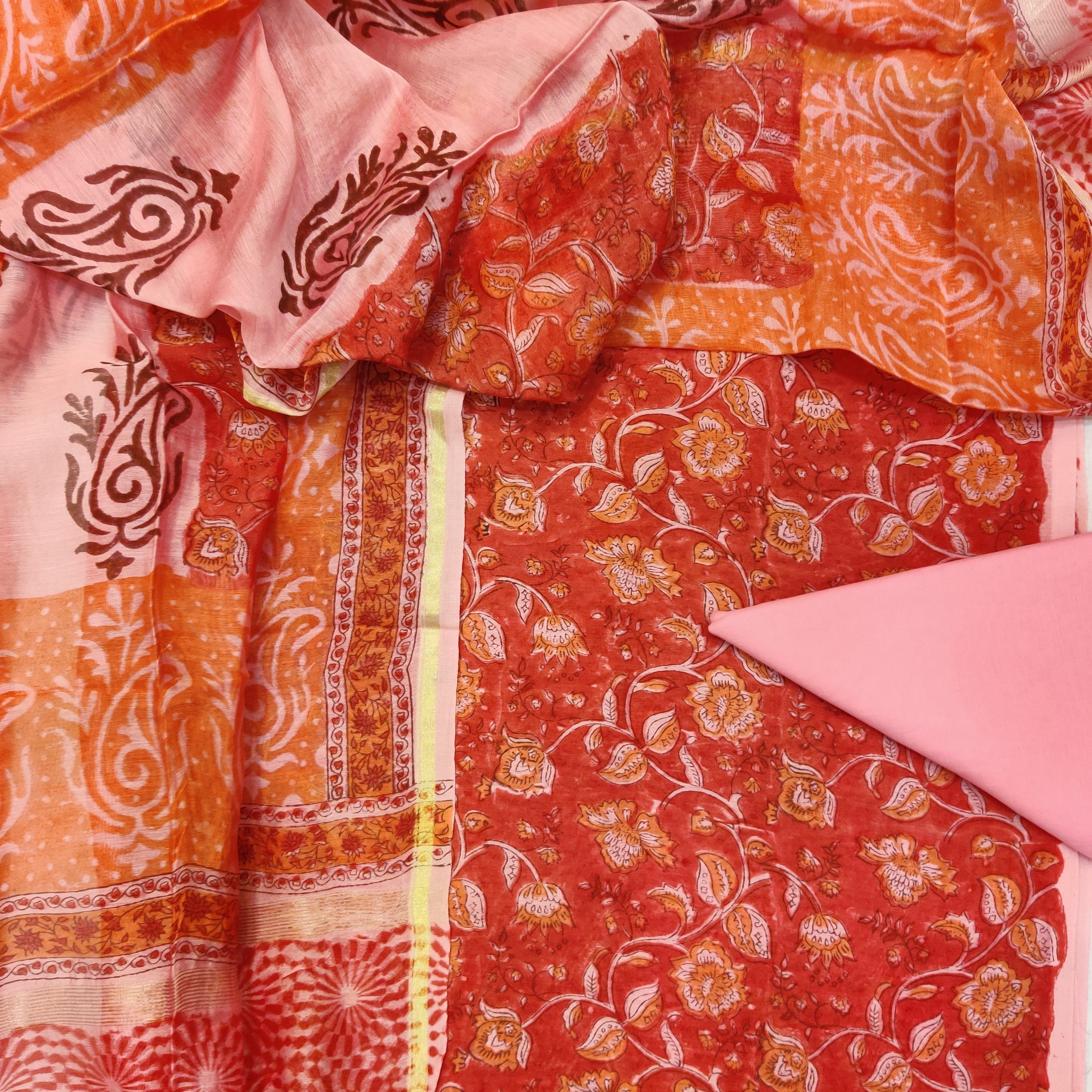 Hand Block Floral Red Jaal Print Chanderi Two piece set (2CH20) - ShalviFashion