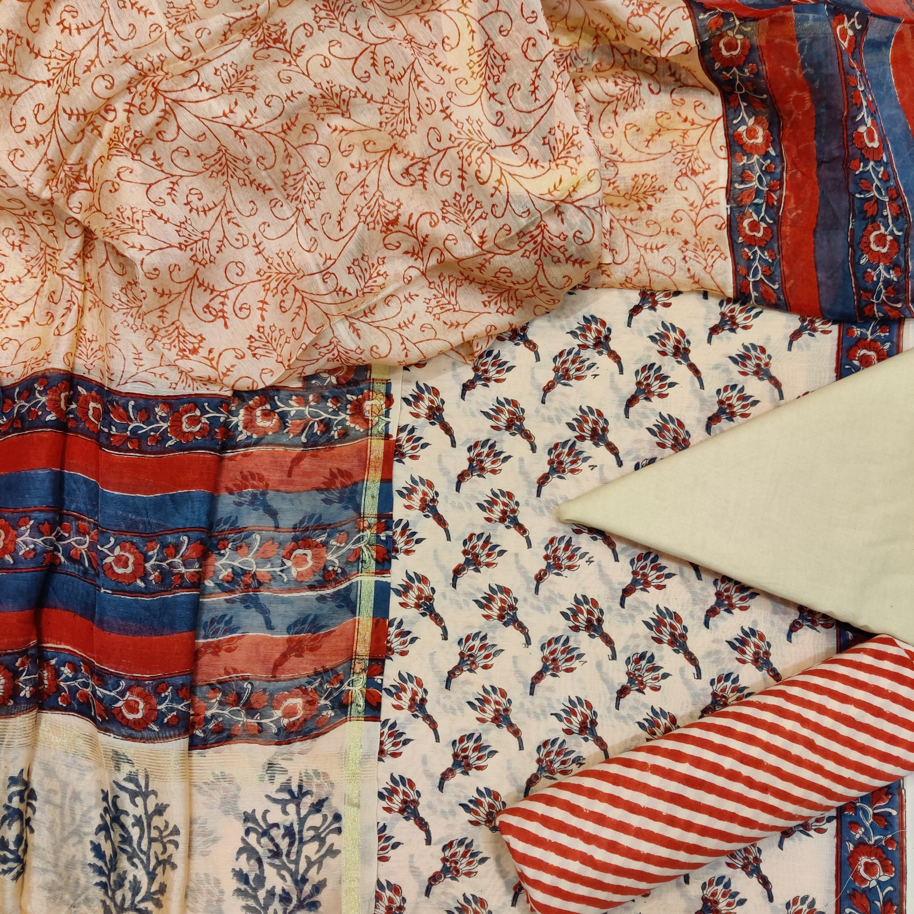 Hand Block Print Chanderi Four piece set (4CH02) - ShalviFashion