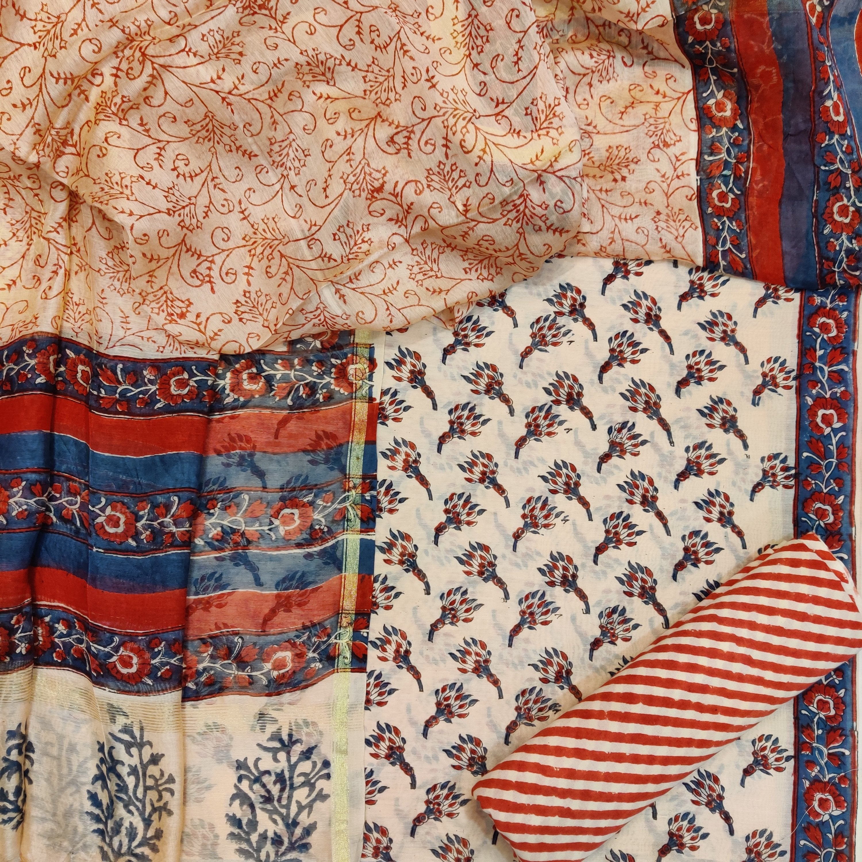 Hand Block Print Chanderi Four piece set (4CH02) - ShalviFashion