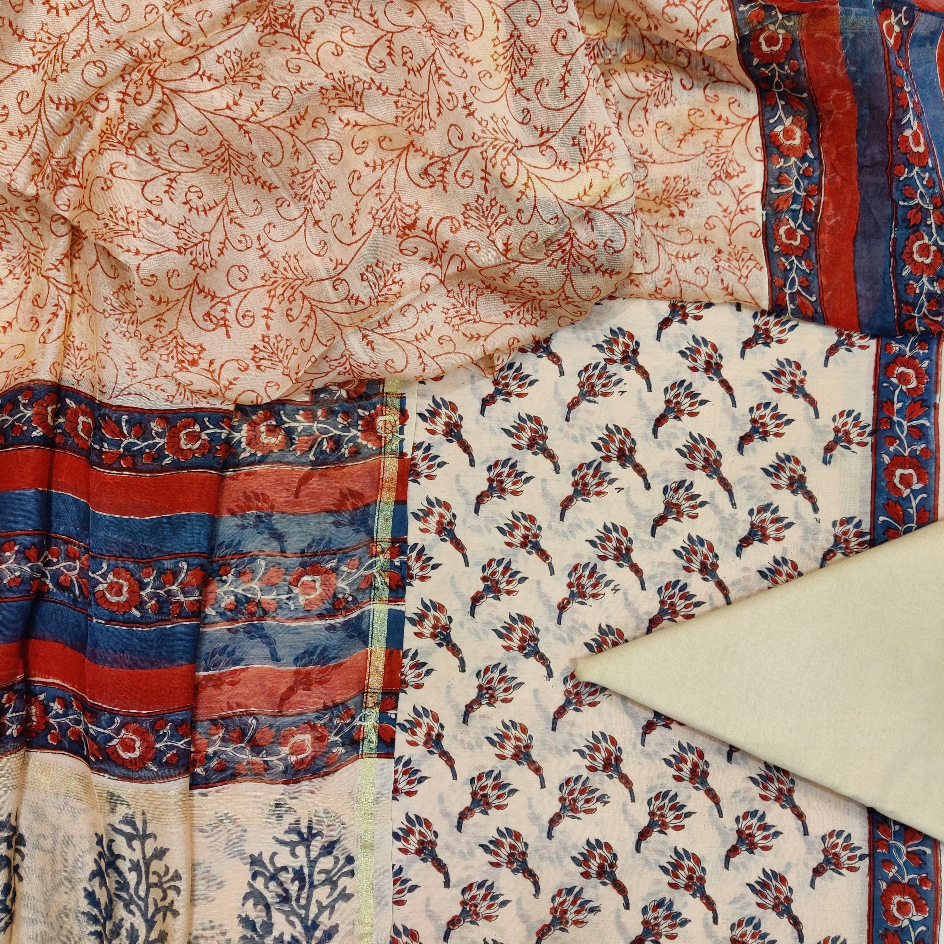 Hand Block Print Chanderi Four piece set (4CH02) - ShalviFashion