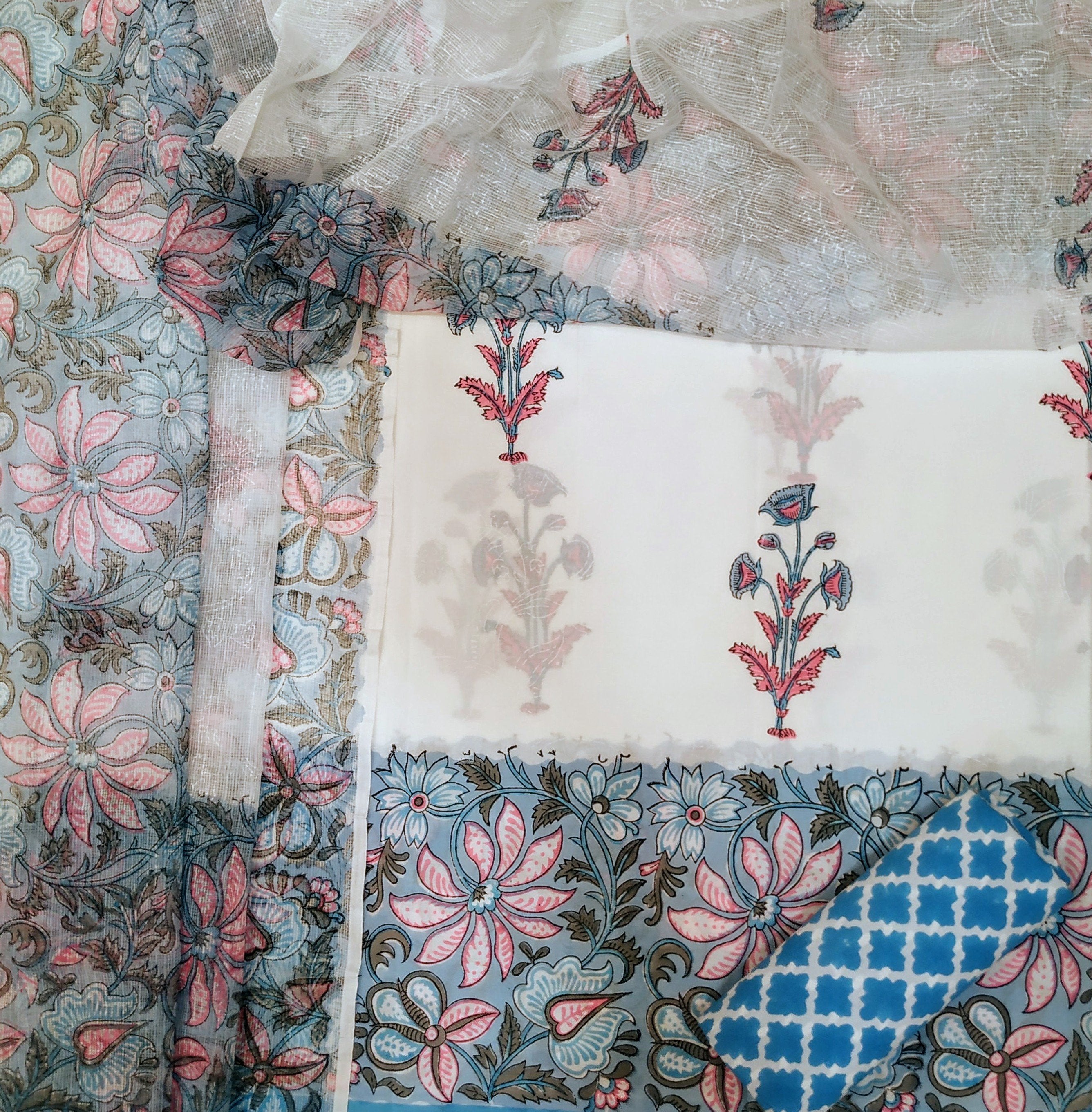 Hand Block Print Pure Cotton Suit with Kota Doria Dupatta (3CKD130) - ShalviFashion