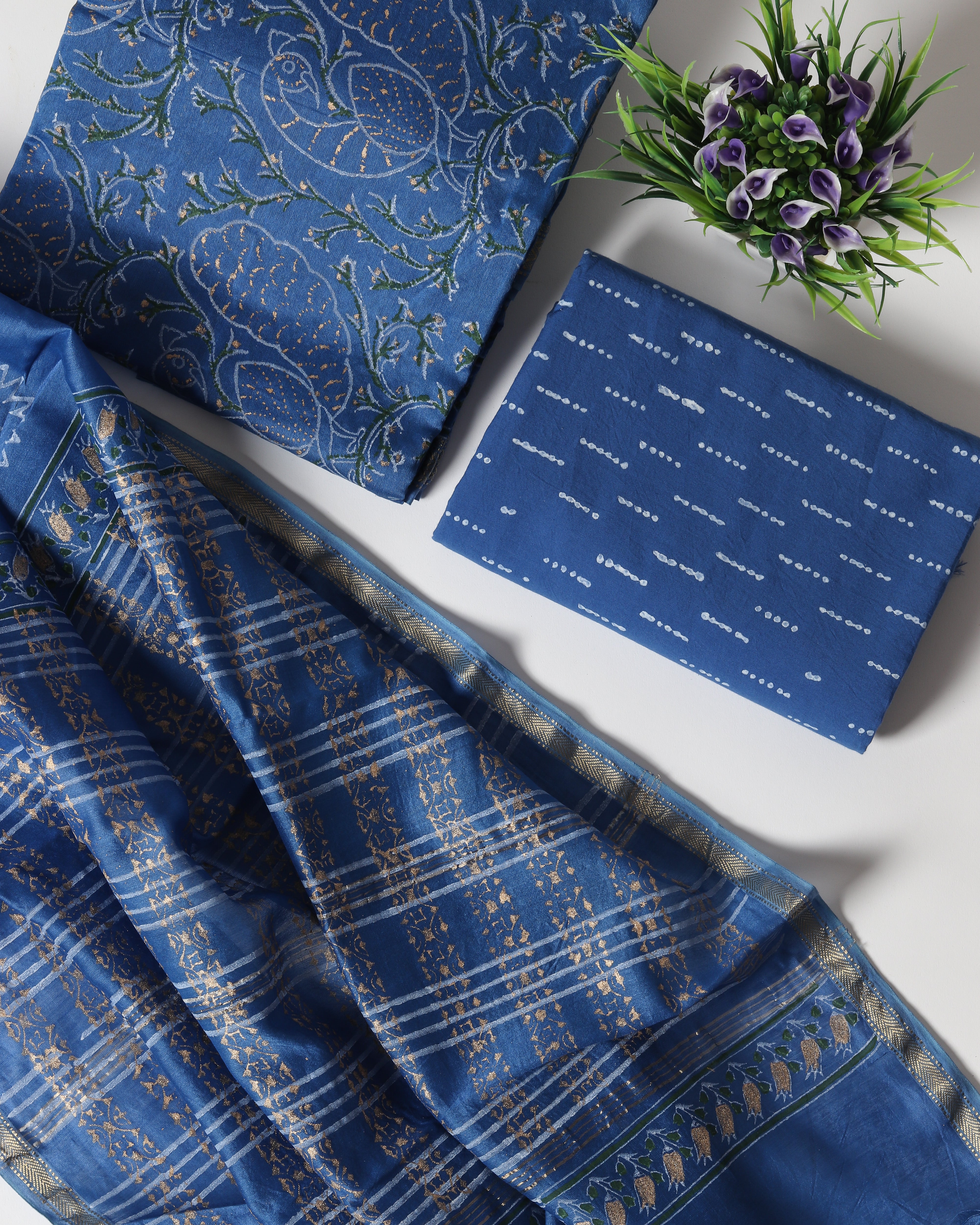 Shop Unstitched Hand Block Print Maheshwari Silk Suit Sets online