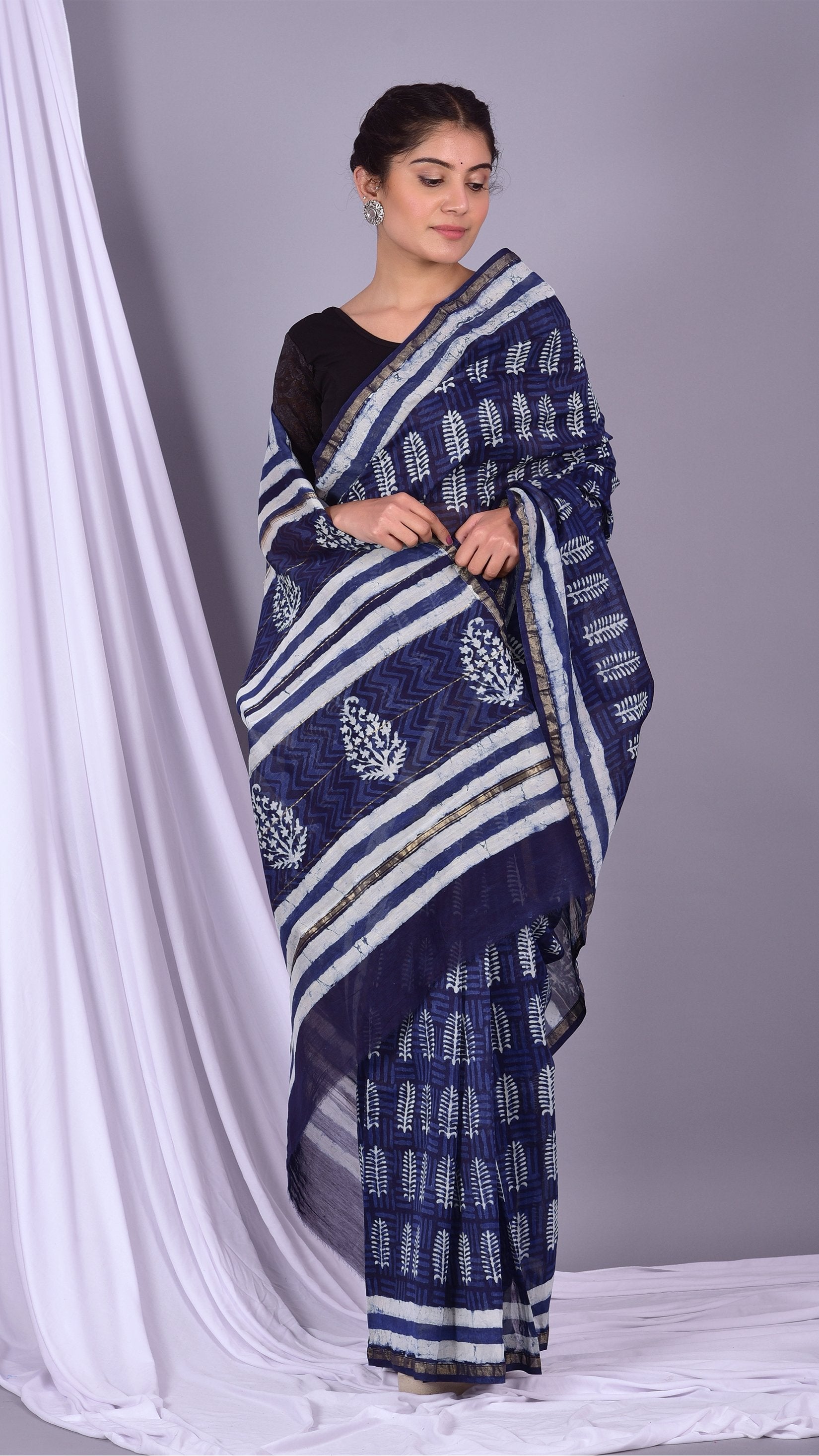 Beautifully Hand carfted Chanderi Indigo Saree (INDCH01) - ShalviFashion