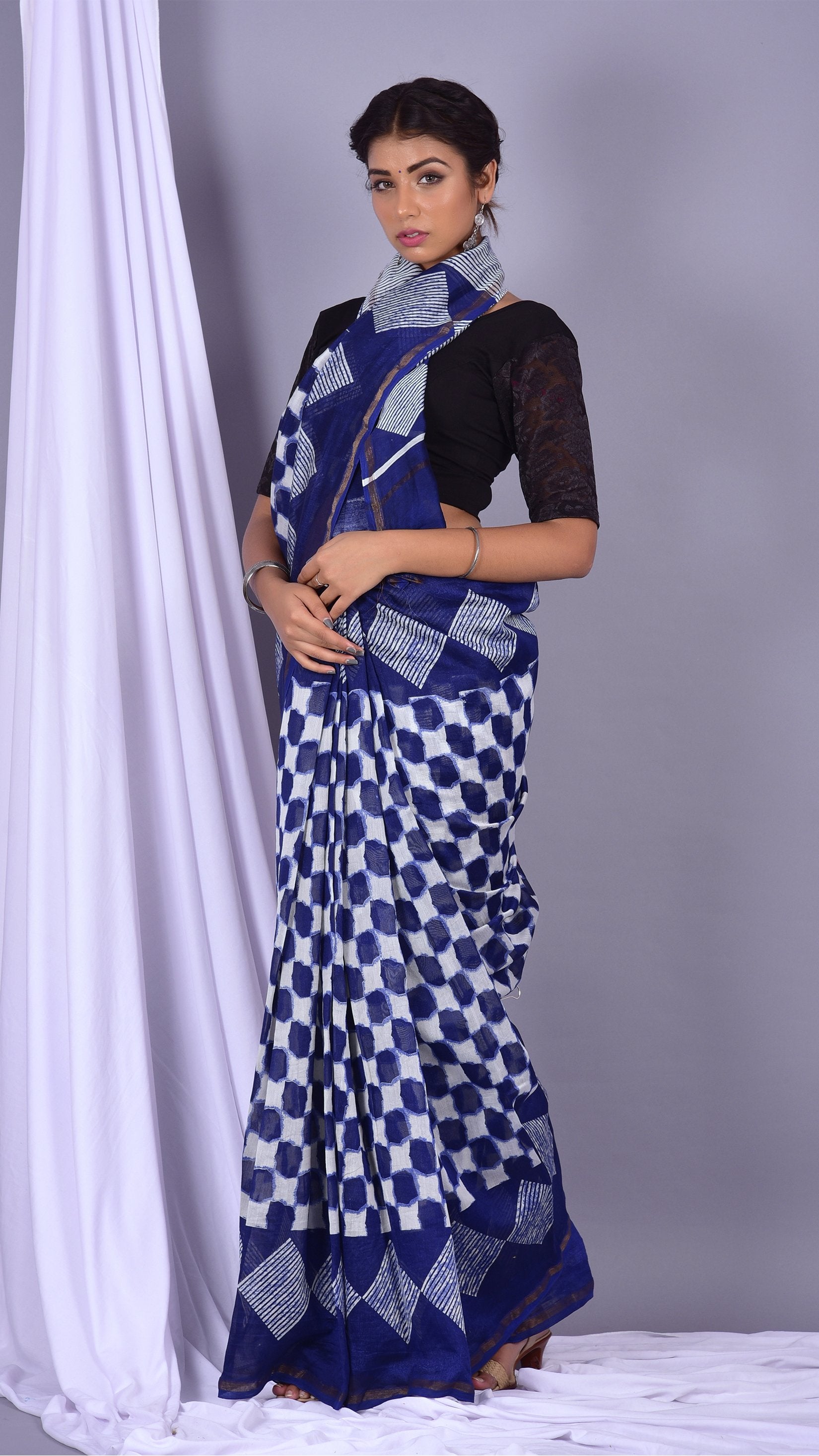 Beautifully Hand carfted Chanderi Indigo Saree (INDCH02) - ShalviFashion