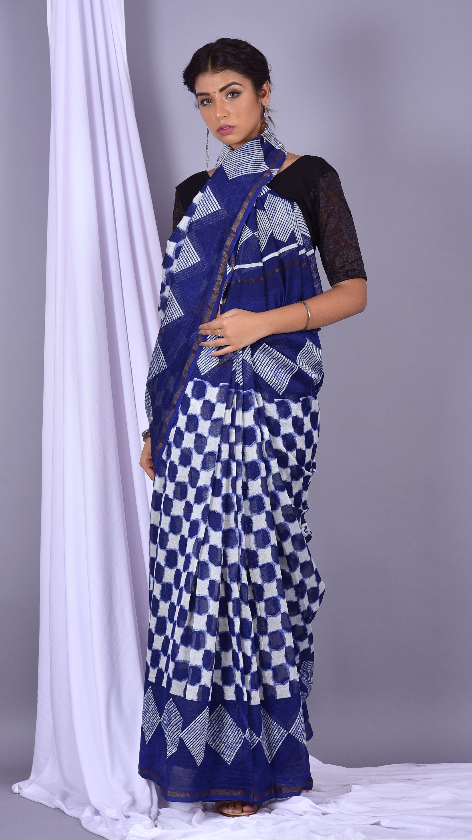 Beautifully Hand carfted Chanderi Indigo Saree (INDCH02) - ShalviFashion