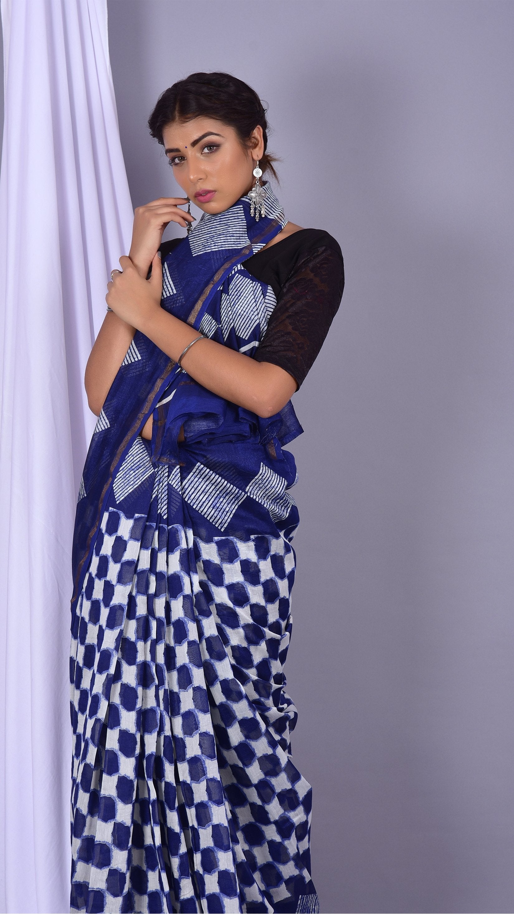 Beautifully Hand carfted Chanderi Indigo Saree (INDCH02) - ShalviFashion