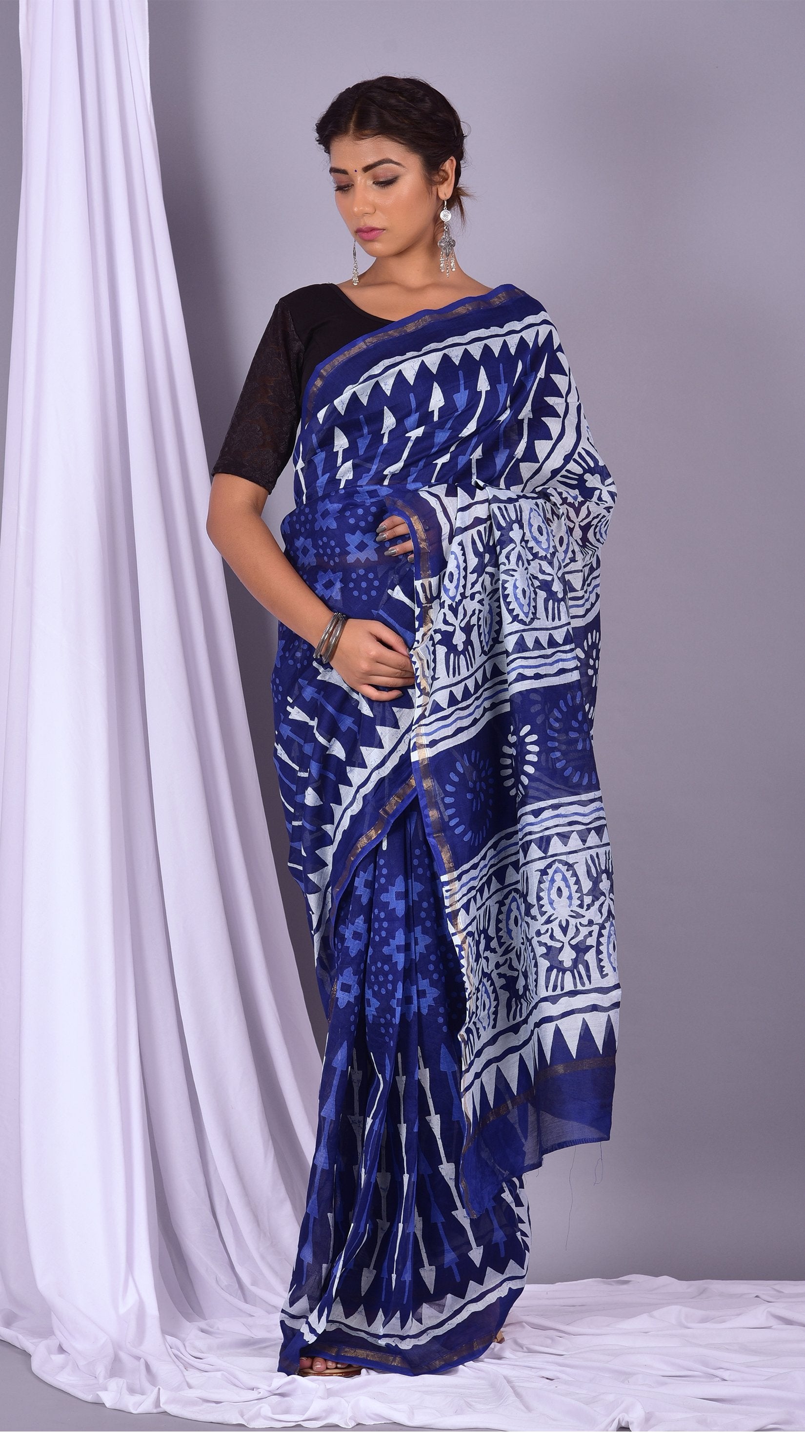 Beautifully Hand carfted Chanderi Indigo Saree (INDCH03) - ShalviFashion