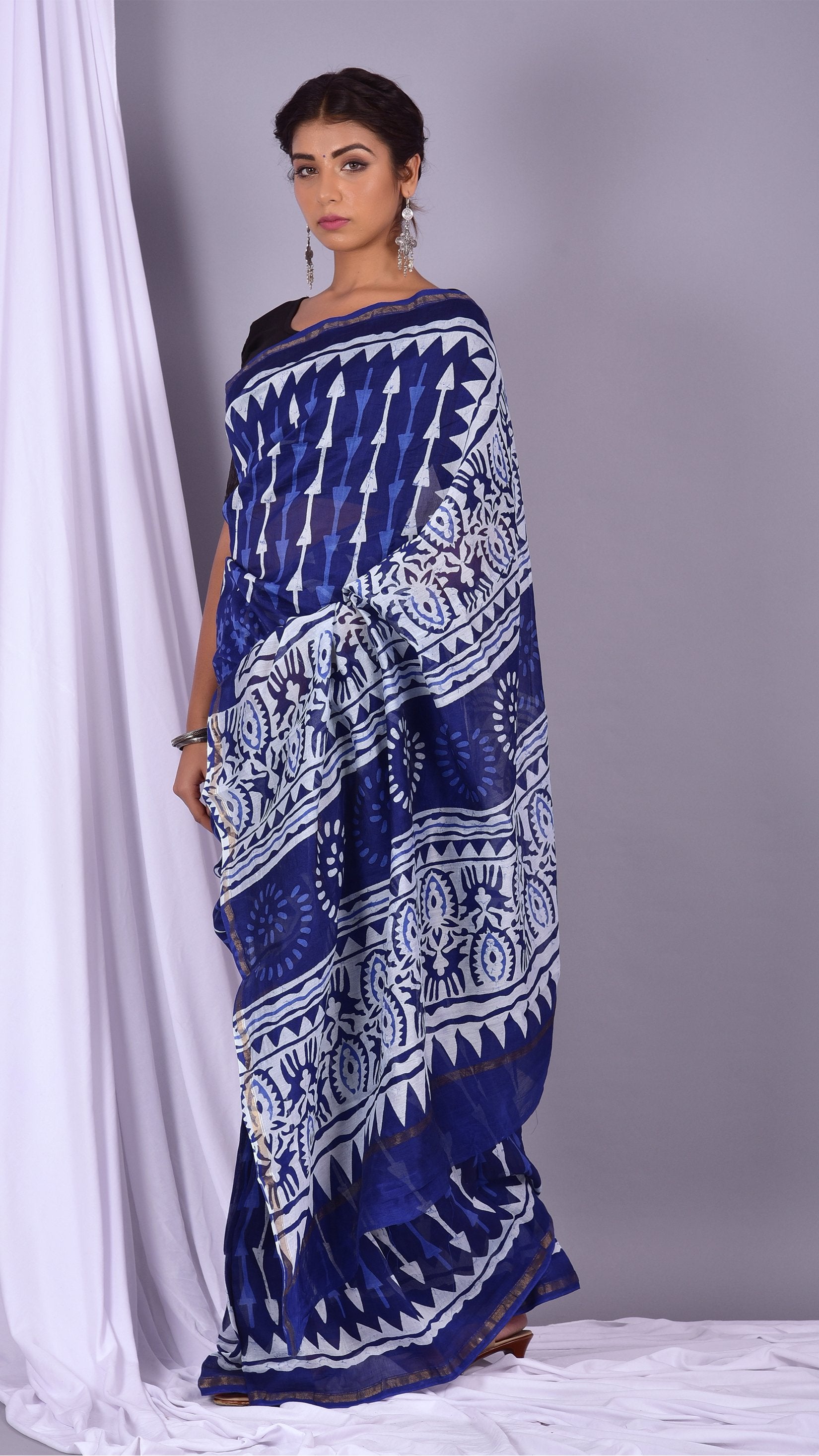 Beautifully Hand carfted Chanderi Indigo Saree (INDCH03) - ShalviFashion