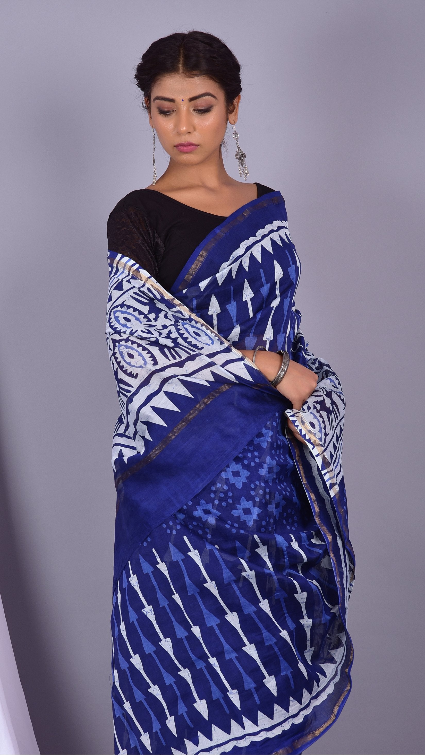 Beautifully Hand carfted Chanderi Indigo Saree (INDCH03) - ShalviFashion