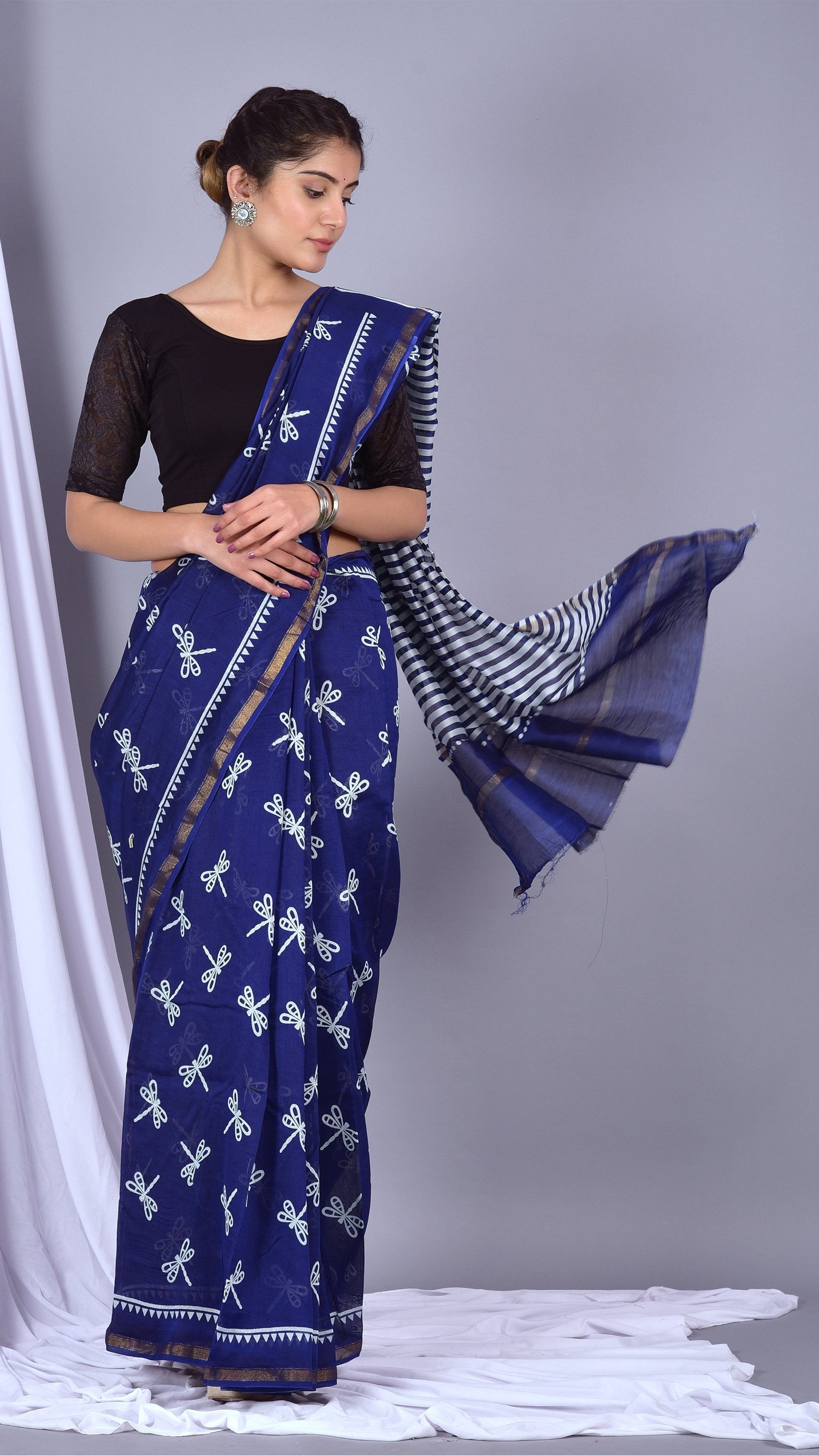 Beautifully Hand carfted Chanderi Indigo Saree (INDCH04) - ShalviFashion