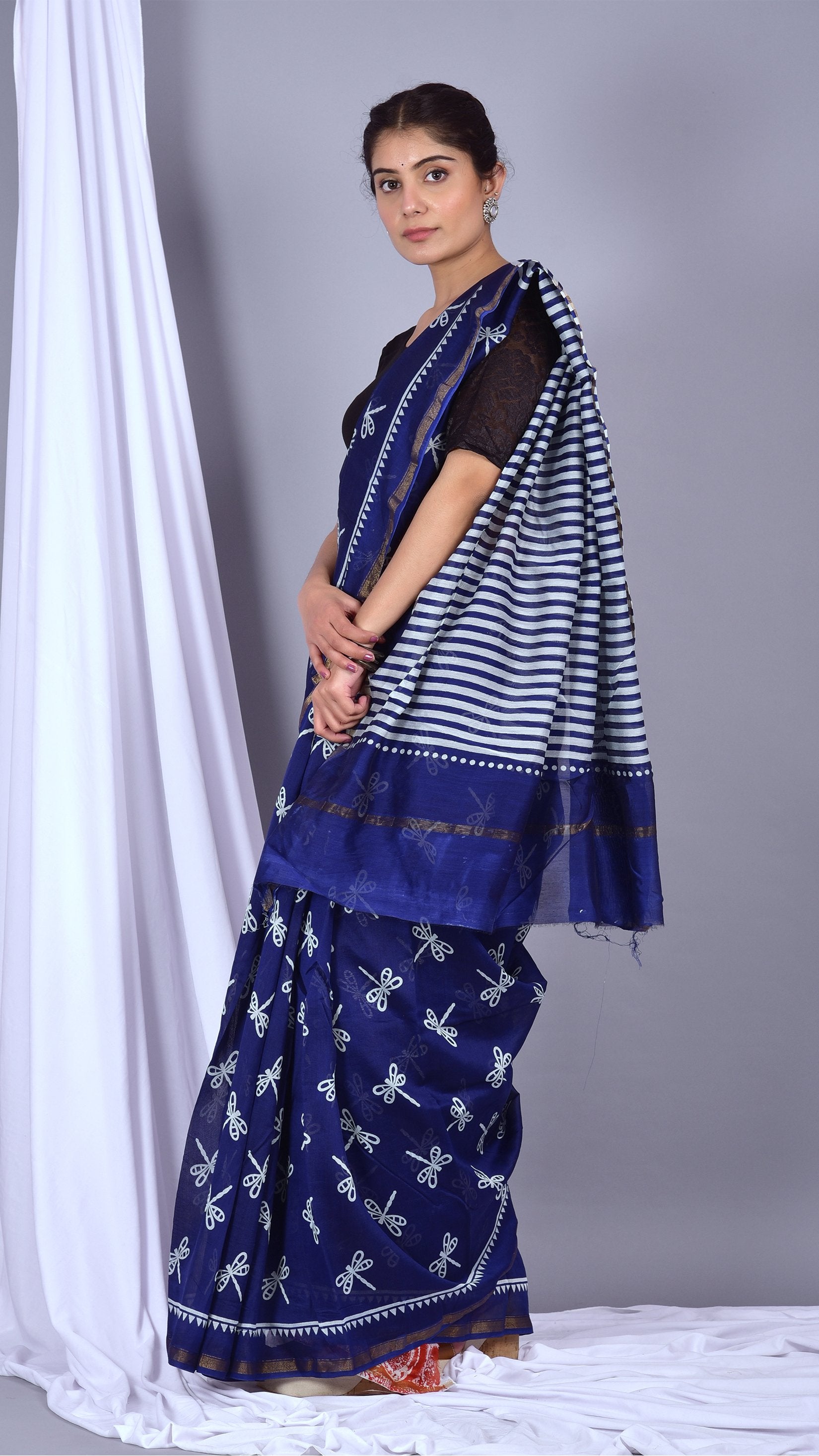 Beautifully Hand carfted Chanderi Indigo Saree (INDCH04) - ShalviFashion