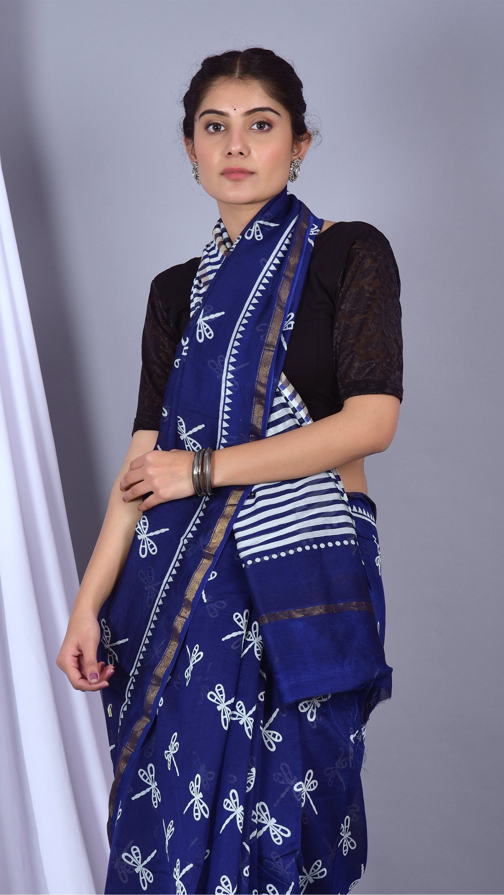 Beautifully Hand carfted Chanderi Indigo Saree (INDCH04) - ShalviFashion
