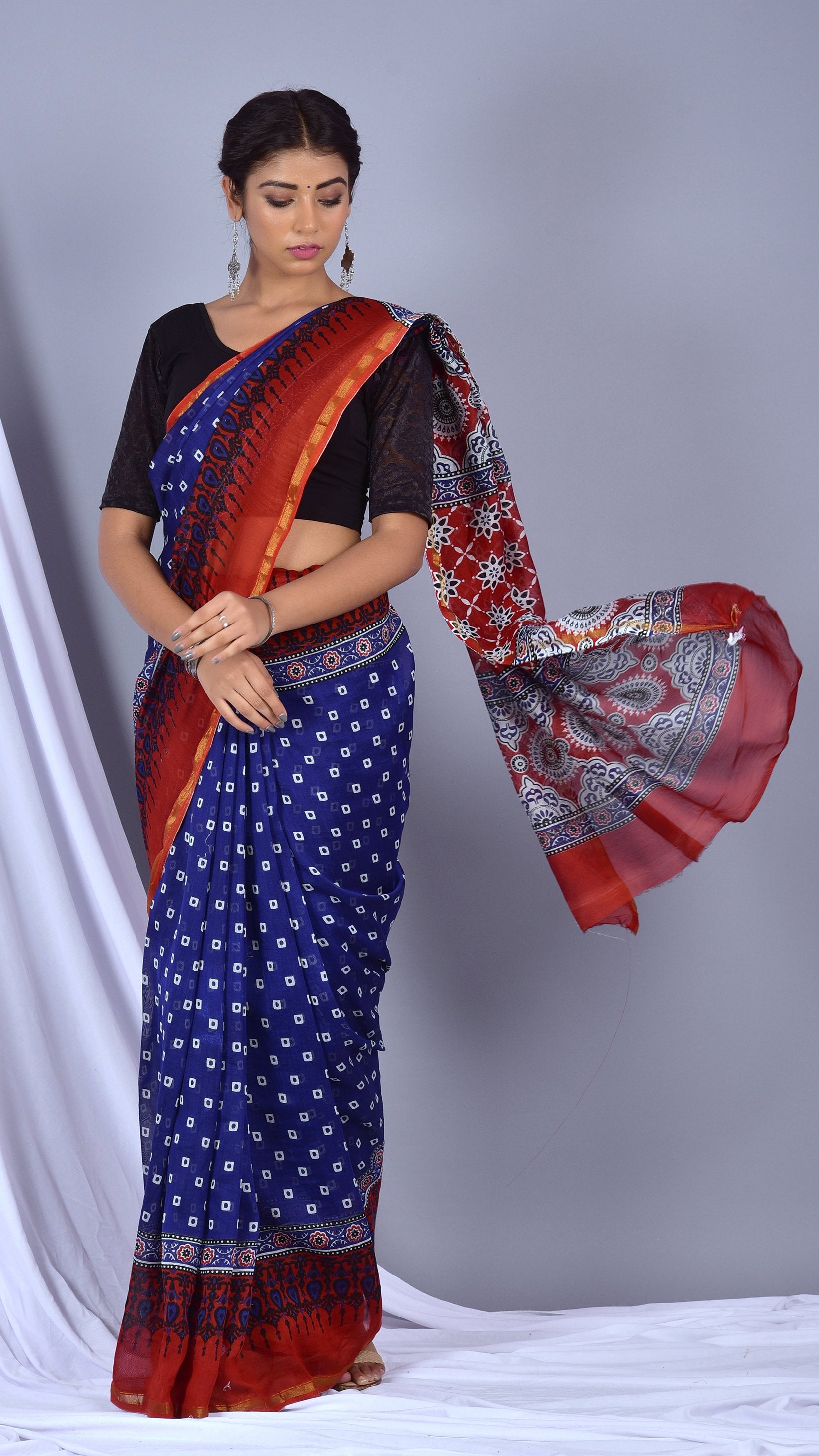 Beautifully Hand carfted Chanderi Indigo Saree (INDCH05) - ShalviFashion