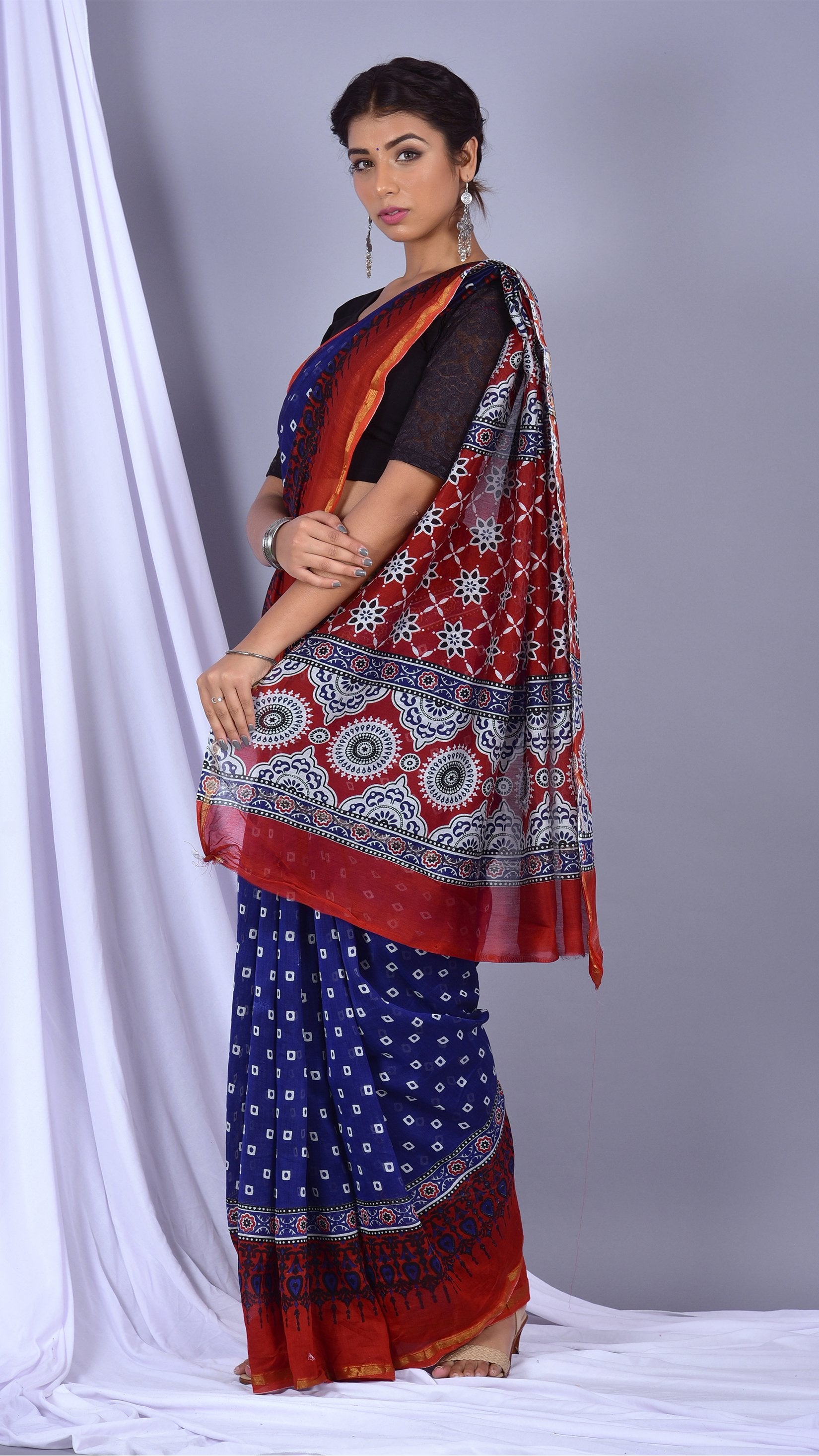 Beautifully Hand carfted Chanderi Indigo Saree (INDCH05) - ShalviFashion