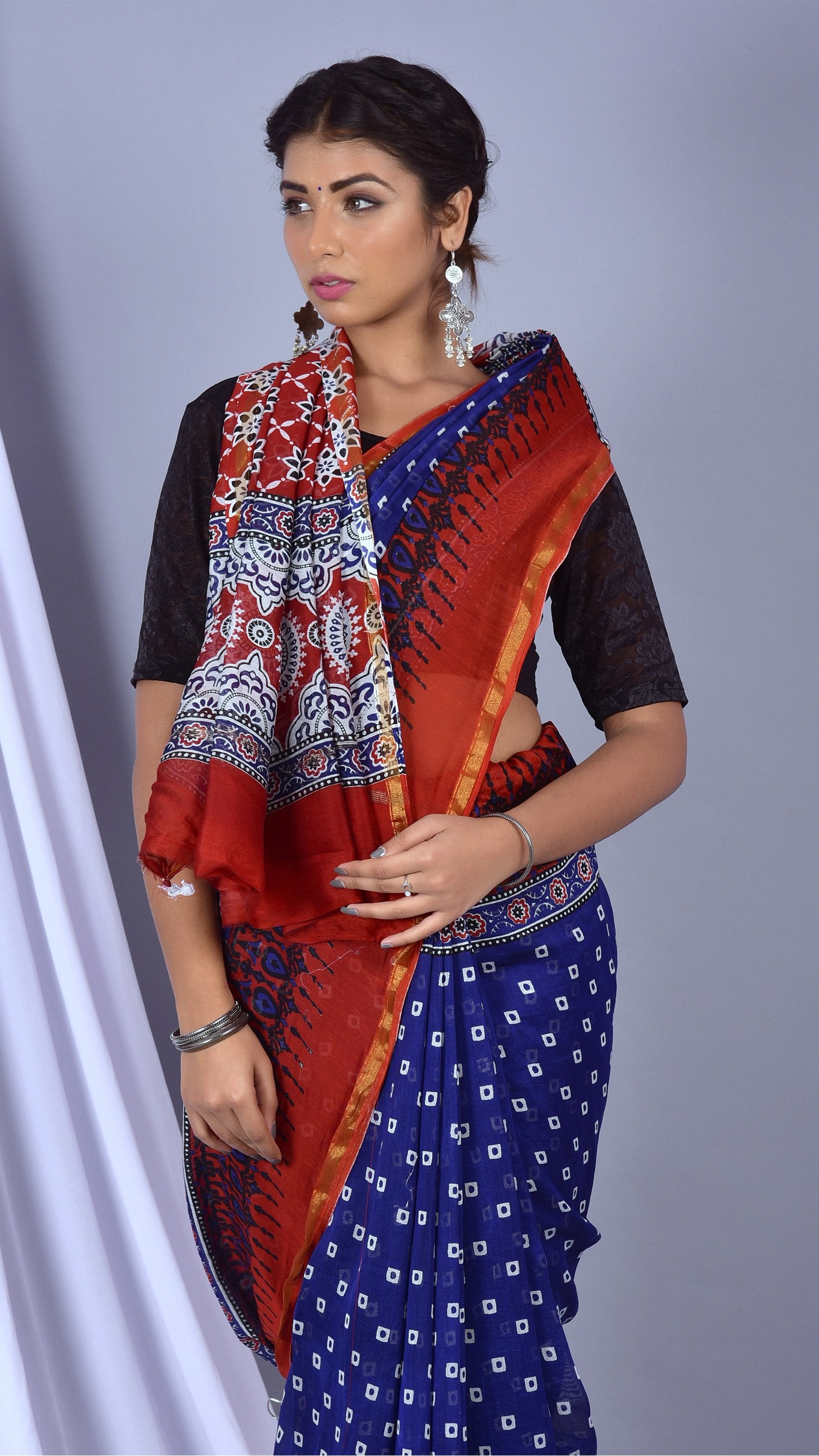 Beautifully Hand carfted Chanderi Indigo Saree (INDCH05) - ShalviFashion