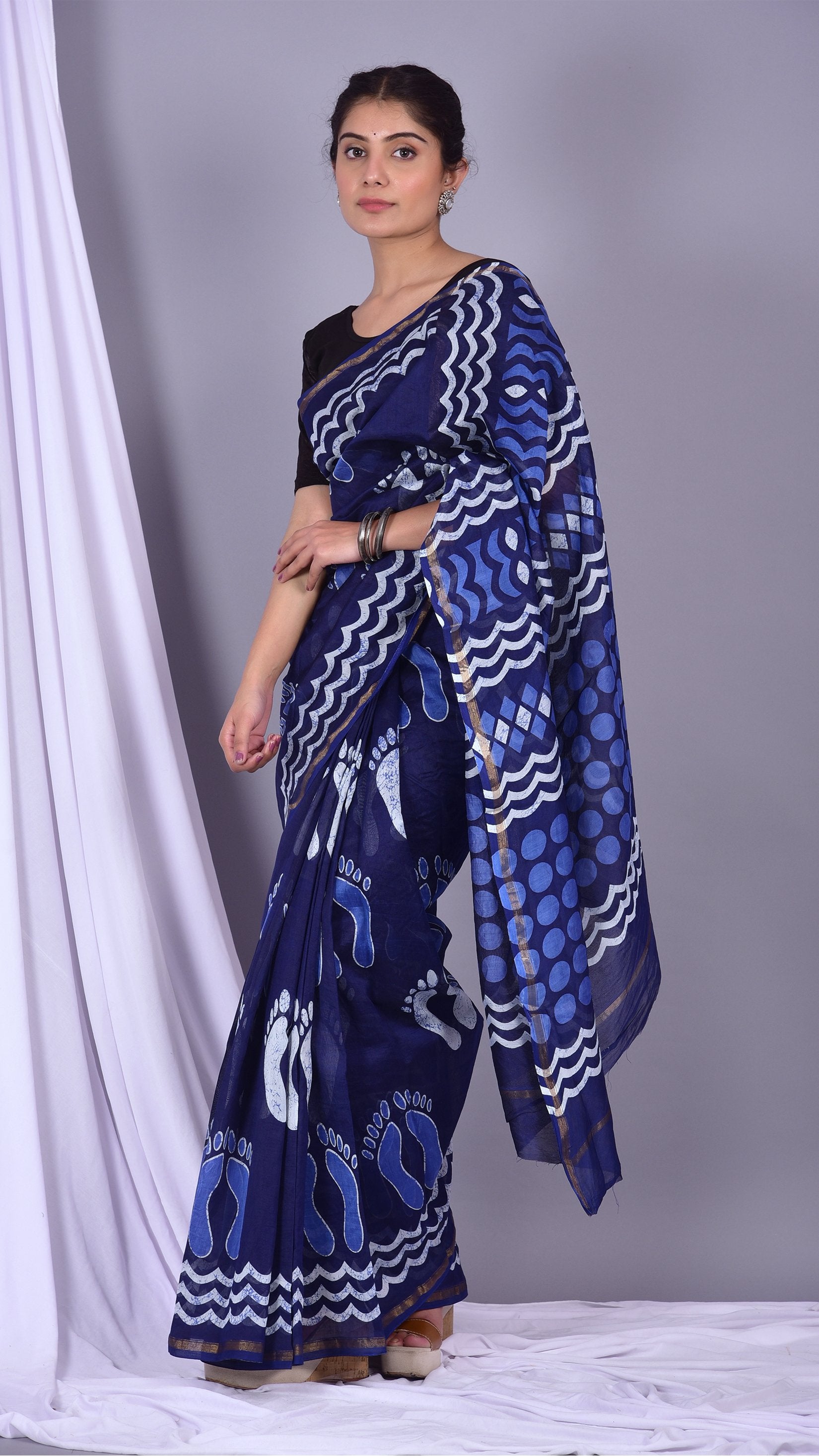 Beautifully Hand carfted Chanderi Indigo Saree (INDCH09) - ShalviFashion