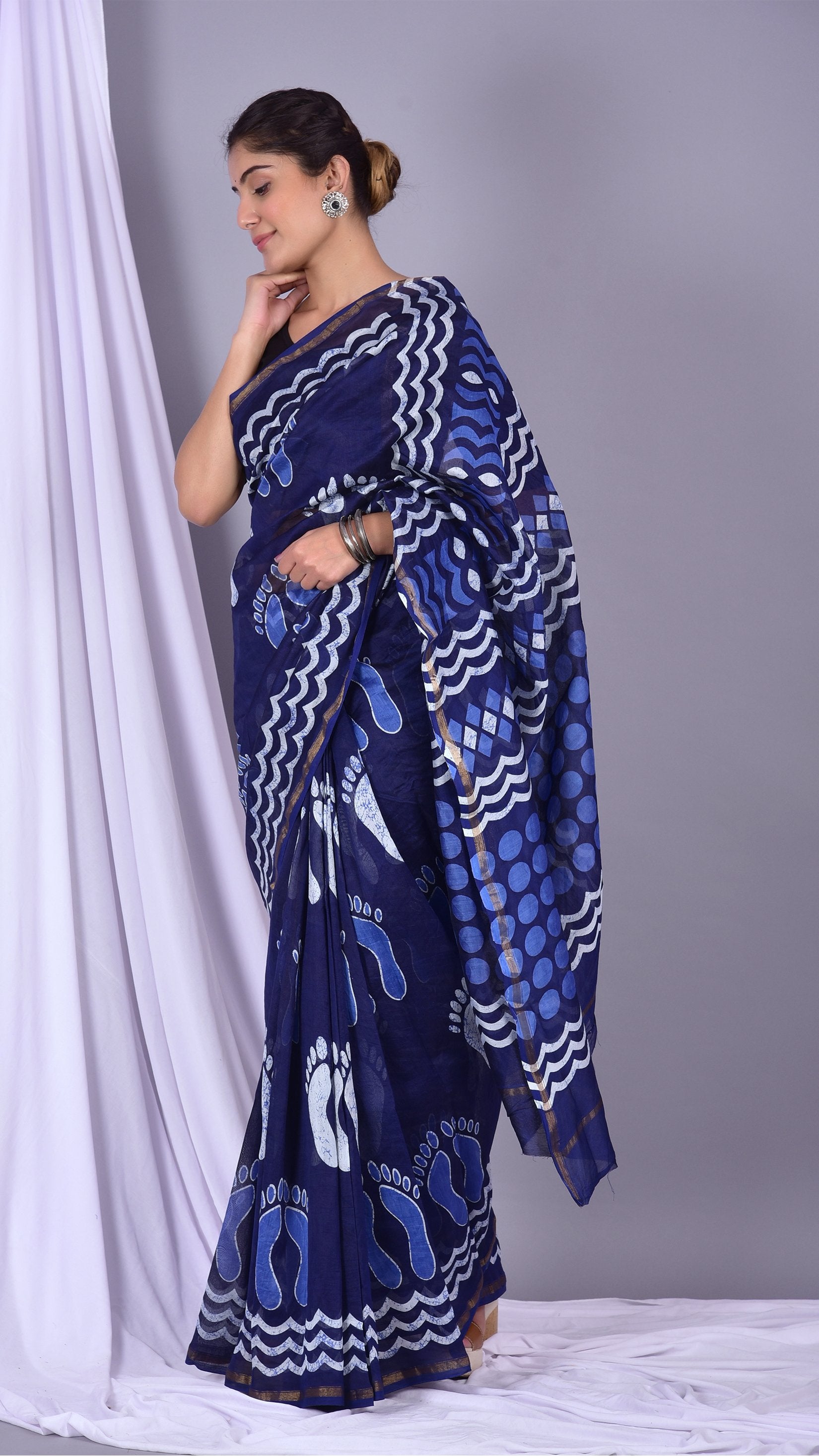 Beautifully Hand carfted Chanderi Indigo Saree (INDCH09) - ShalviFashion